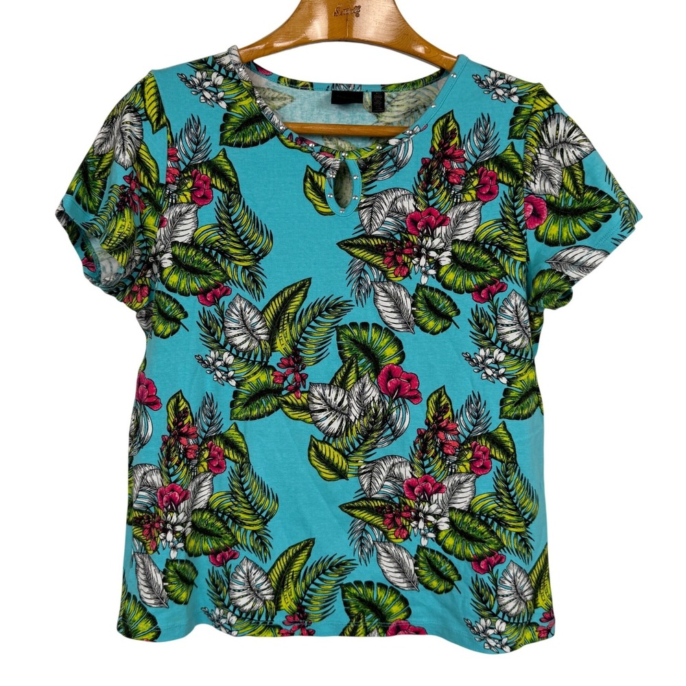 Rafaella Top Tropical Floral Keyhole Rhinestone XL Turquoise Cotton Short Sleeve